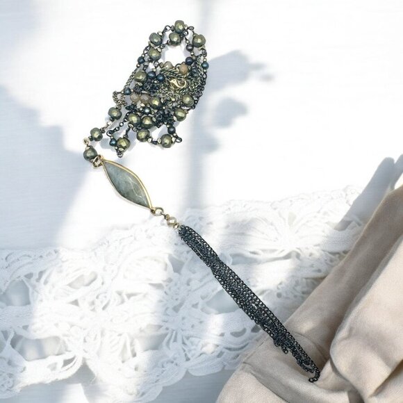 Handcrafted Beaded Necklace With Labradorite Pendant & Tassel Gunmetal Chain - Picture 7 of 11